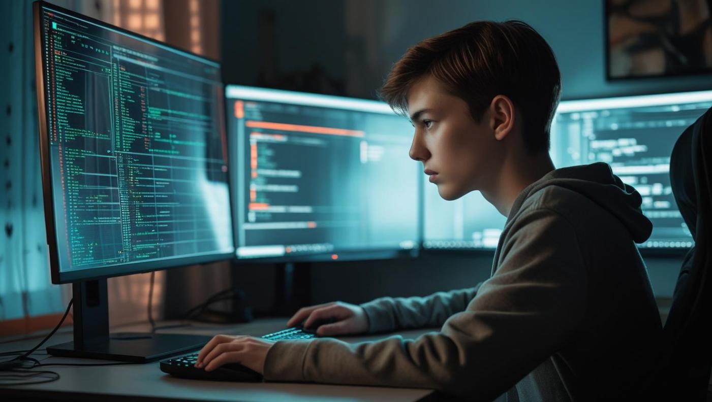 Focused gamer analyzing complex UI overlays on screen in dimly lit room.