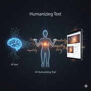 A human brain on the left, a holographic image of human body at the center, and a monitor screen on the right which shows the use of AI humanizing tool as also reflected on texts appear on the background. 