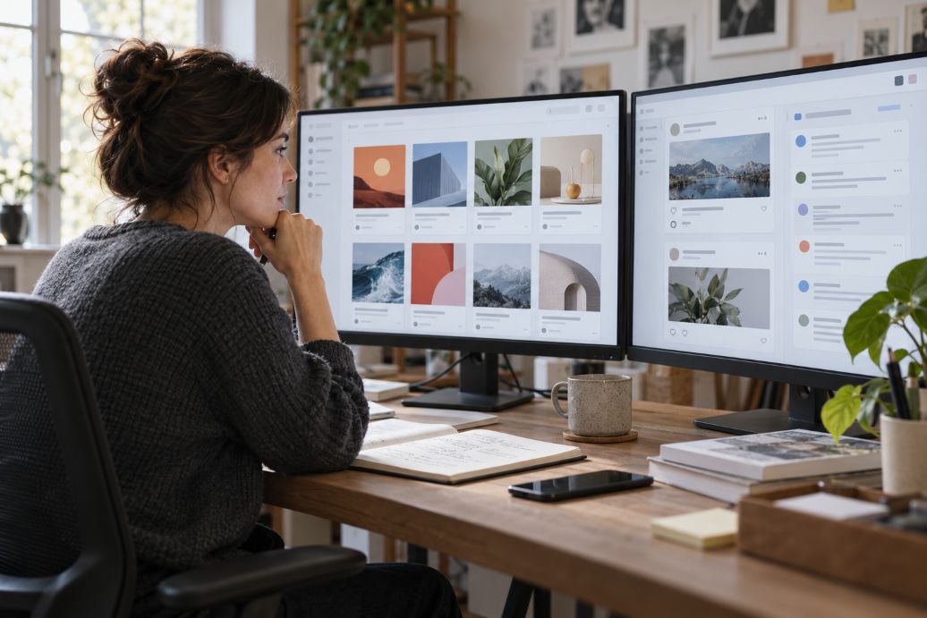 digital media analyst reviewing abstract advertising cards